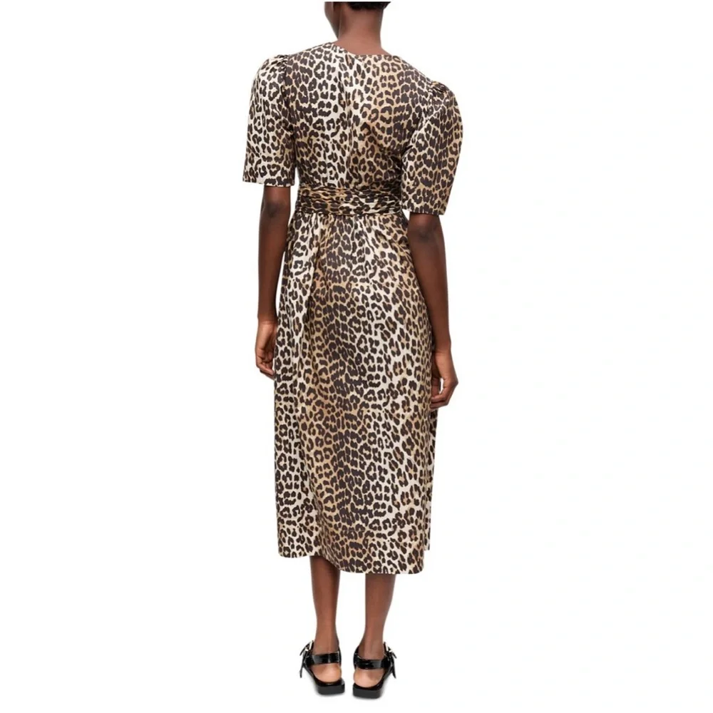 GANNI Leopard Printed Cotton Tie Strap Midi Dress - Picture 3 of 8
